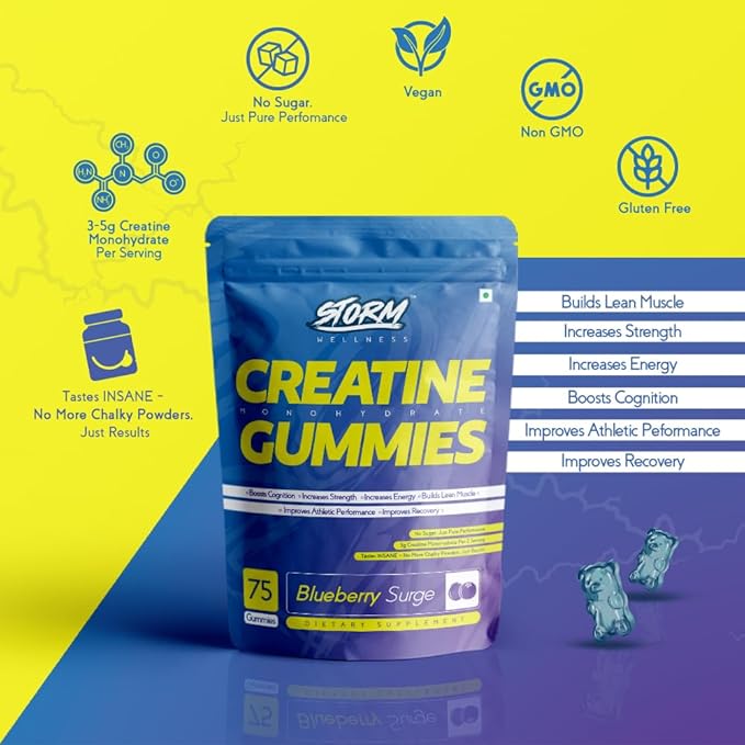 Storm Creatine Gummies ā 100% Vegan | 3g Creatine | Blueberry Flavour | Sugar-Free | 75 Gummies