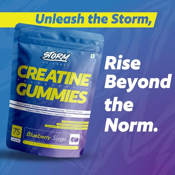 Storm Creatine Gummies ā 100% Vegan | 3g Creatine | Blueberry Flavour | Sugar-Free | 75 Gummies