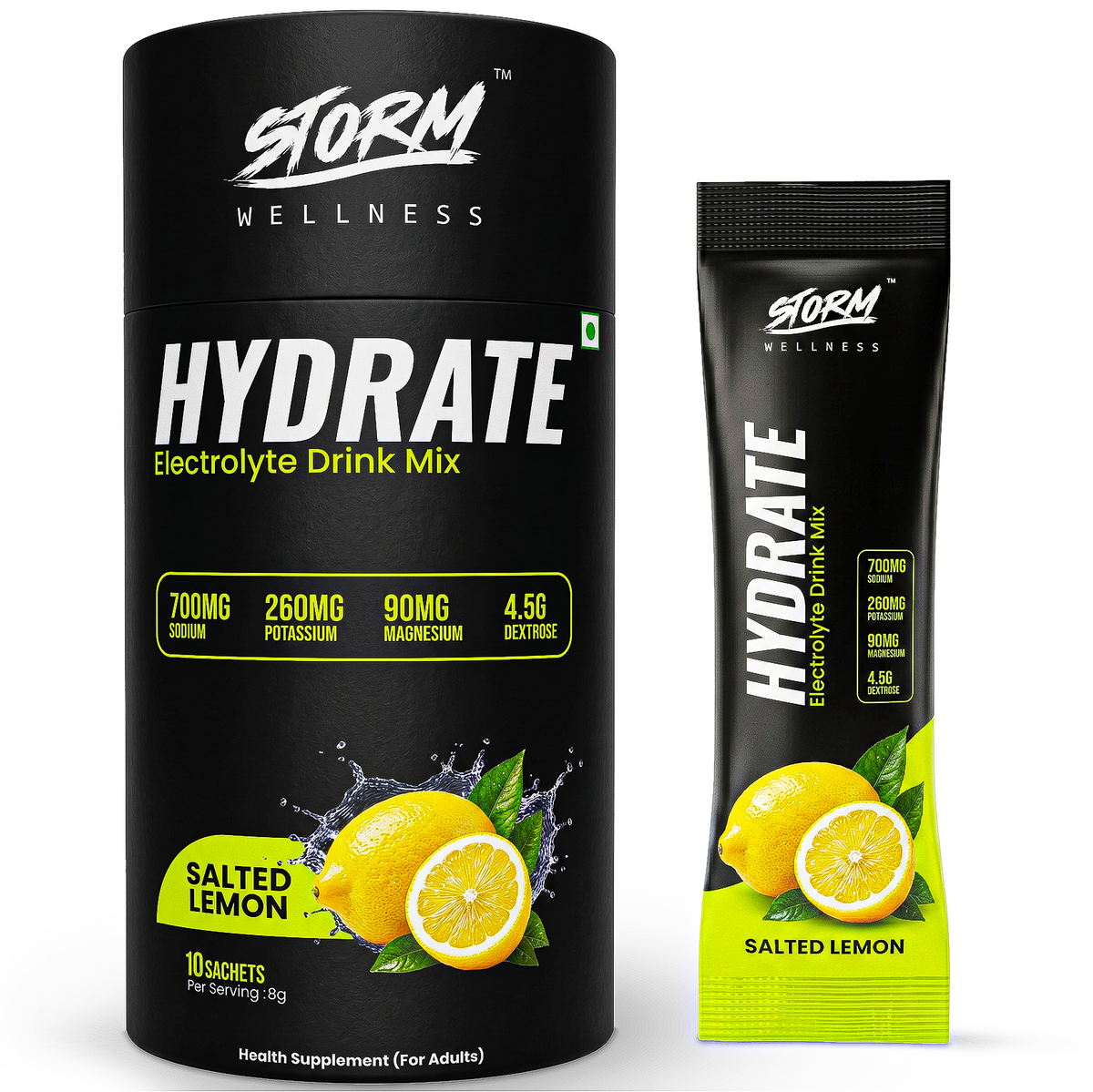 Storm Hydrate Electrolyte Powder Sachets - Salted Lemon | 700mg Sodium 260mg Potassium 90mg Magnesium | Rapid Hydration Drink Mix for Workout, Gym & Summer Heat | 10 Sachets x 8g