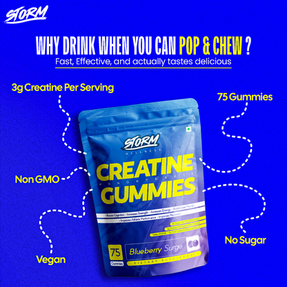 Storm Creatine Gummies | 3G Creatine Monohydrate Per Serving | Pack of 75 GUMMIES | NABL Lab Tested | No Sugar | Strength, Muscle & Recovery | Mango flavour