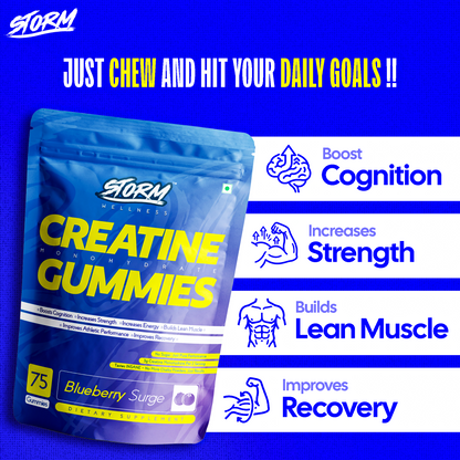 Storm Creatine Gummies | 3G Creatine Monohydrate Per Serving | Pack of 75 GUMMIES | NABL Lab Tested | No Sugar | Strength, Muscle & Recovery | Mango flavour