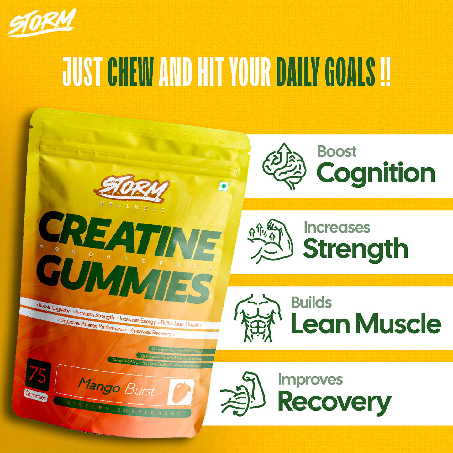 Storm Creatine Gummies — 100% Vegan | 3g Creatine | Mango Flavour | Sugar-Free | 75 Gummies