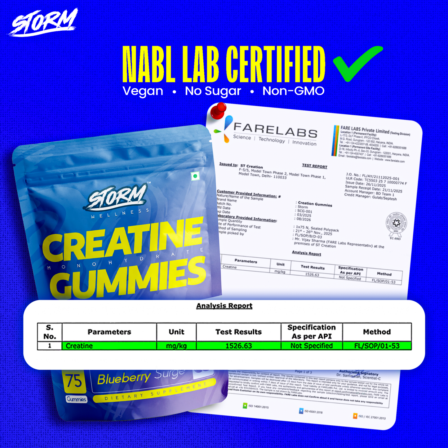Storm Creatine Gummies | 3G Creatine Monohydrate Per Serving | Pack of 75 GUMMIES | NABL Lab Tested | No Sugar | Strength, Muscle & Recovery | Mango flavour