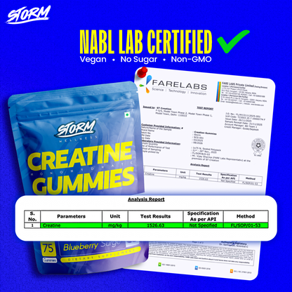 Storm Creatine Gummies | 3G Creatine Monohydrate Per Serving | Pack of 75 GUMMIES | NABL Lab Tested | No Sugar | Strength, Muscle & Recovery | Mango flavour