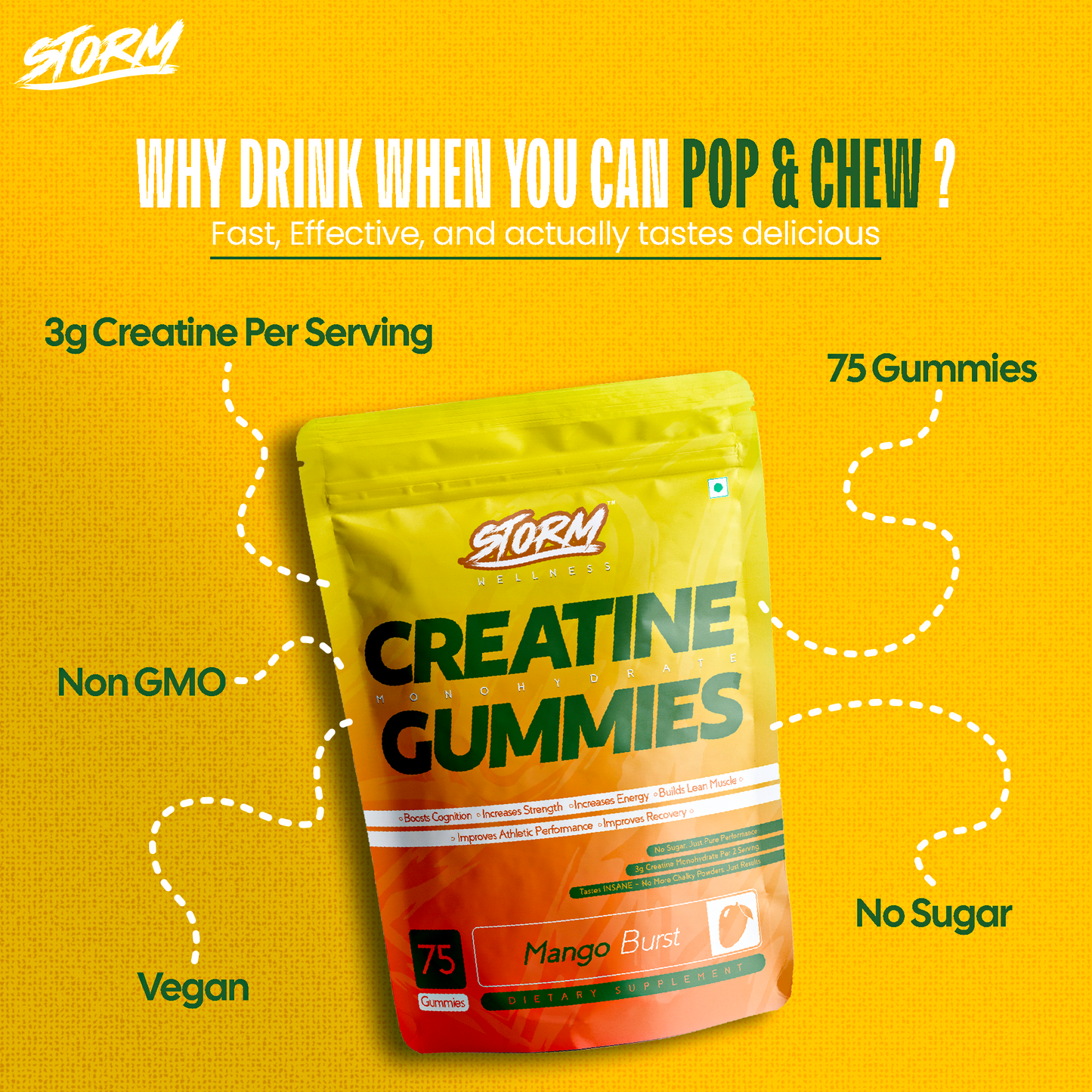 Storm Creatine Gummies – Mango & Blueberry Combo |150 Gummies | 3G Per Serving | NABL Lab Tested | No Sugar | No Mixing, No Shaker