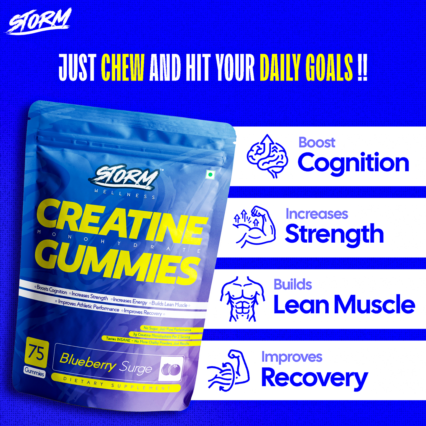 Storm Creatine Gummies – Mango & Blueberry Combo |150 Gummies | 3G Per Serving | NABL Lab Tested | No Sugar | No Mixing, No Shaker