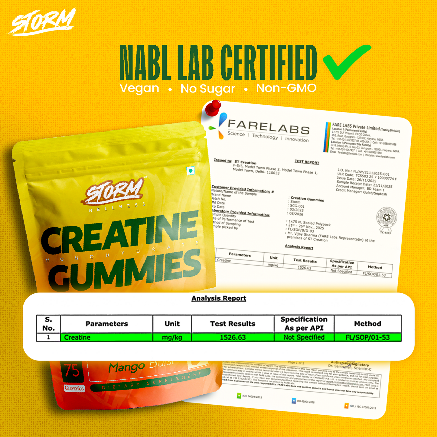 Storm Creatine Gummies – Mango & Blueberry Combo |150 Gummies | 3G Per Serving | NABL Lab Tested | No Sugar | No Mixing, No Shaker