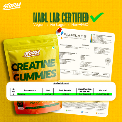 Storm Creatine Gummies – Mango & Blueberry Combo |150 Gummies | 3G Per Serving | NABL Lab Tested | No Sugar | No Mixing, No Shaker