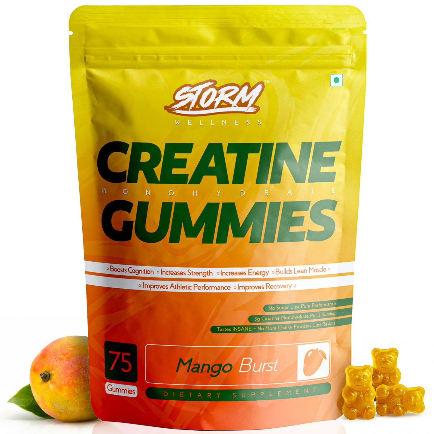 Storm Creatine Gummies — 100% Vegan | 3g Creatine | Mango Flavour | Sugar-Free | 75 Gummies