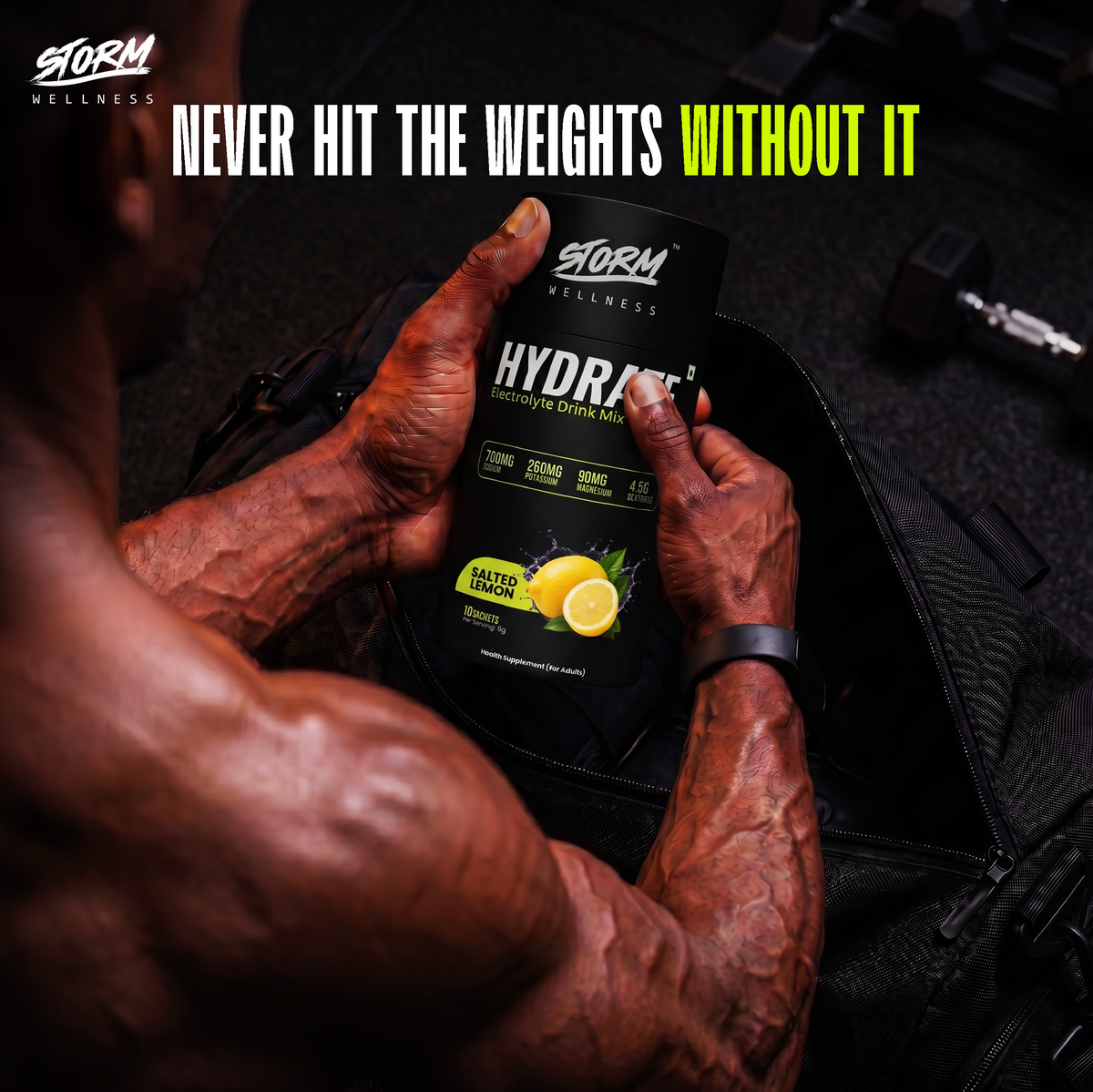 Storm Hydrate Electrolyte Powder Sachets - Salted Lemon | 700mg Sodium 260mg Potassium 90mg Magnesium | Rapid Hydration Drink Mix for Workout, Gym & Summer Heat | 10 Sachets x 8g